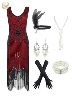 1920s Gatsby Sequin Fringed Paisley Flapper Dress with Accessories Set